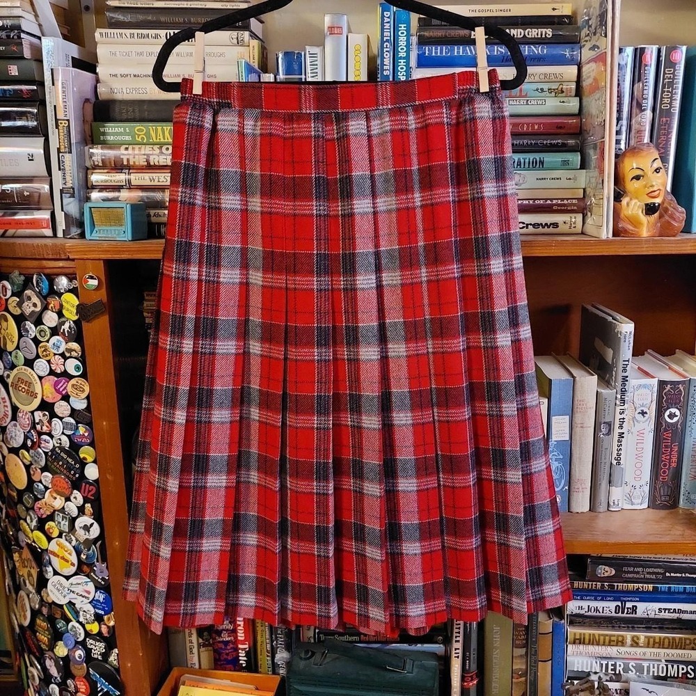 Vintage red, black, and white plaid 50% wool winter skirt.
